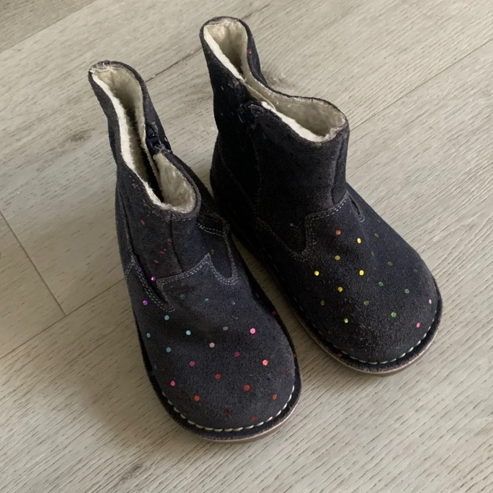 Mini Boden Kids' Navy and Gold Polka Dot Boots Sz 24 suede sparkly‎ girls winter